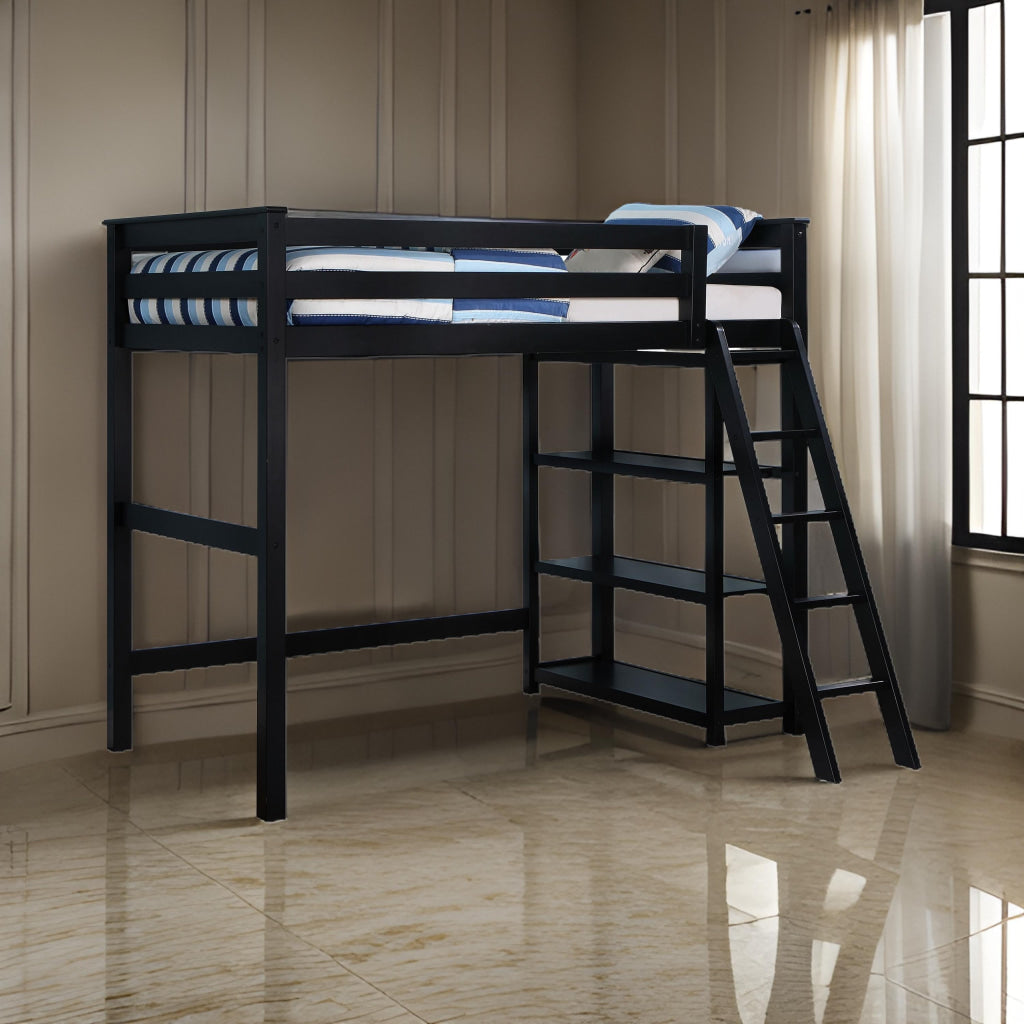 Ica Modern Twin Loft Bed with 3 Shelves and Ladder, Black Solid Wood By Casagear Home