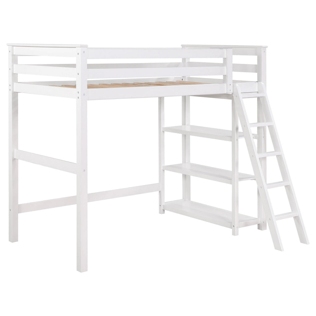 Ica Modern Twin Loft Bed with 3 Shelves and Ladder White Solid Wood By Casagear Home BM315326