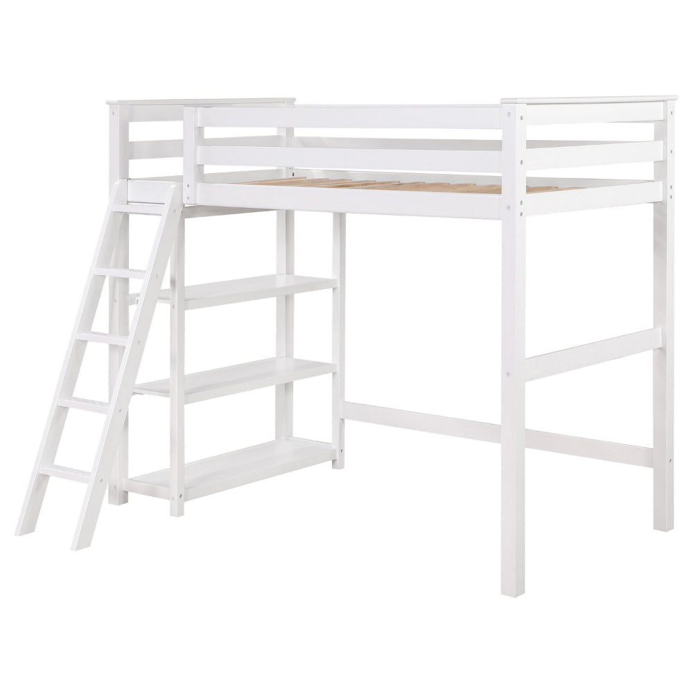 Ica Modern Twin Loft Bed with 3 Shelves and Ladder White Solid Wood By Casagear Home BM315326