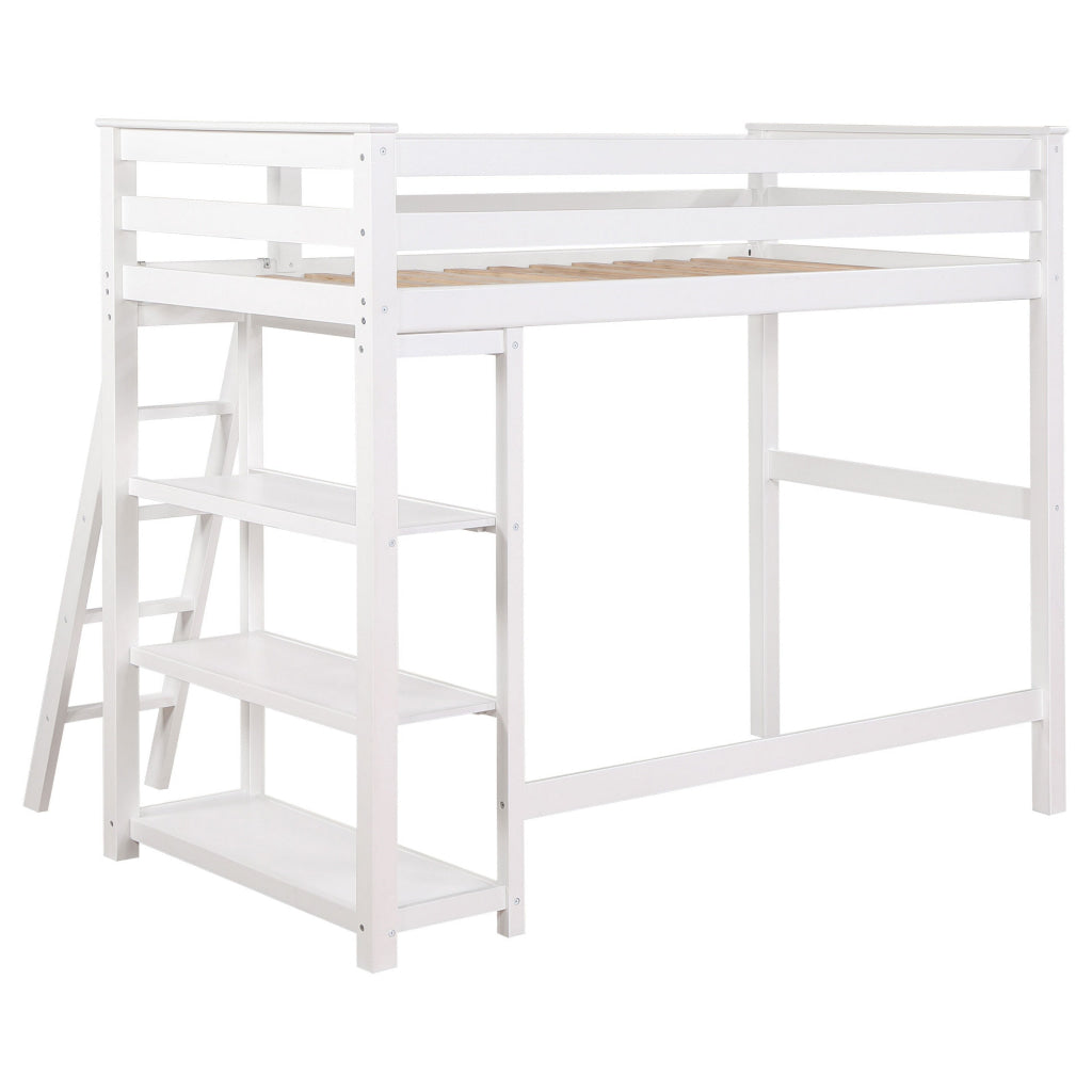 Ica Modern Twin Loft Bed with 3 Shelves and Ladder White Solid Wood By Casagear Home BM315326