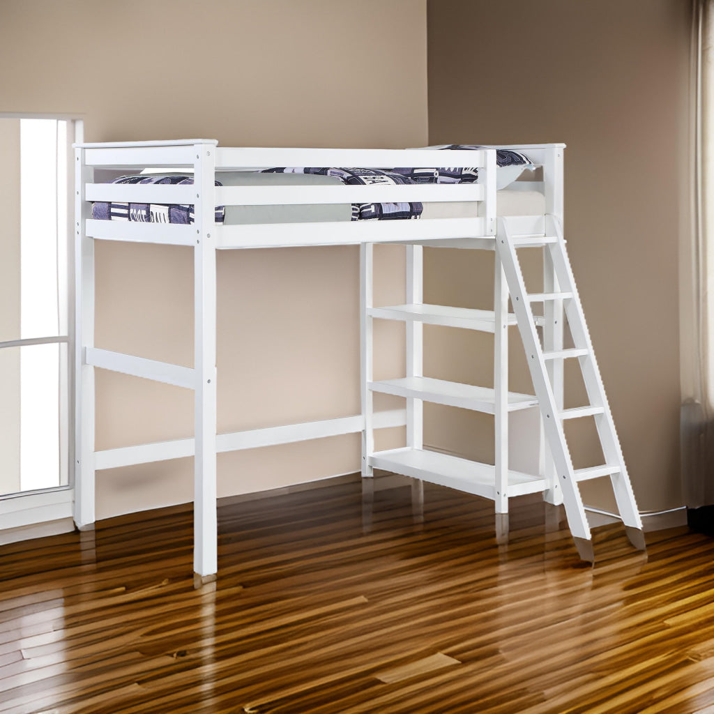 Ica Modern Twin Loft Bed with 3 Shelves and Ladder, White Solid Wood By Casagear Home