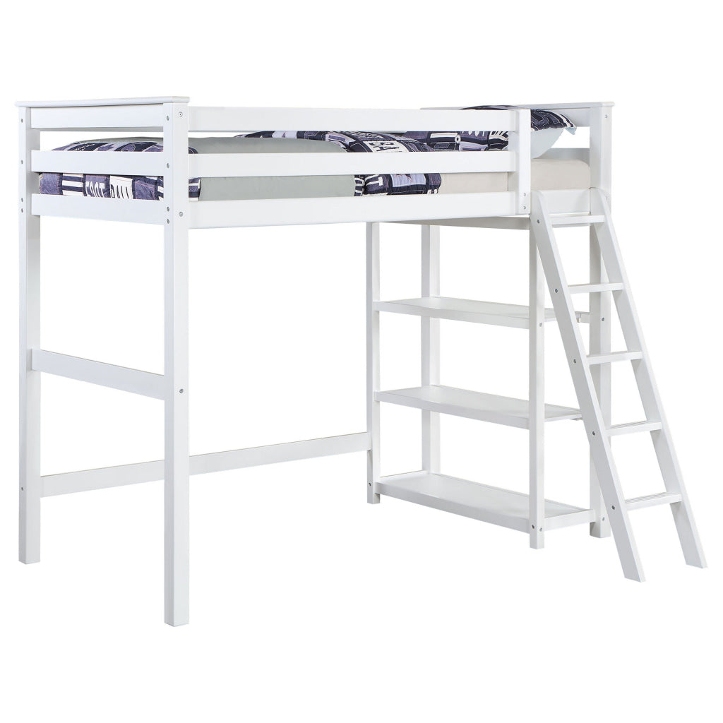 Ica Modern Twin Loft Bed with 3 Shelves and Ladder White Solid Wood By Casagear Home BM315326