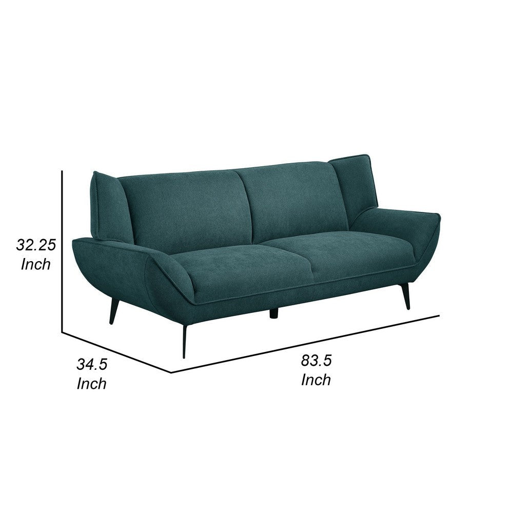 Toer 84 Inch Wide Sofa Flared Arms Soft Teal Blue Upholstery Black Metal By Casagear Home BM315327