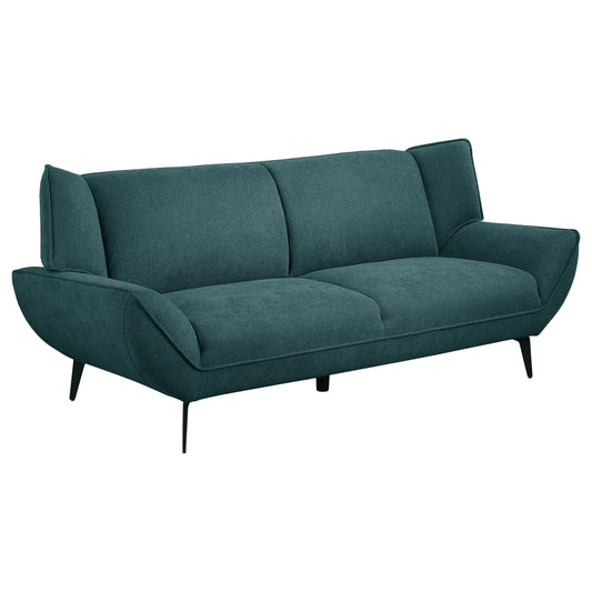 Toer 84 Inch Wide Sofa Flared Arms Soft Teal Blue Upholstery Black Metal By Casagear Home BM315327