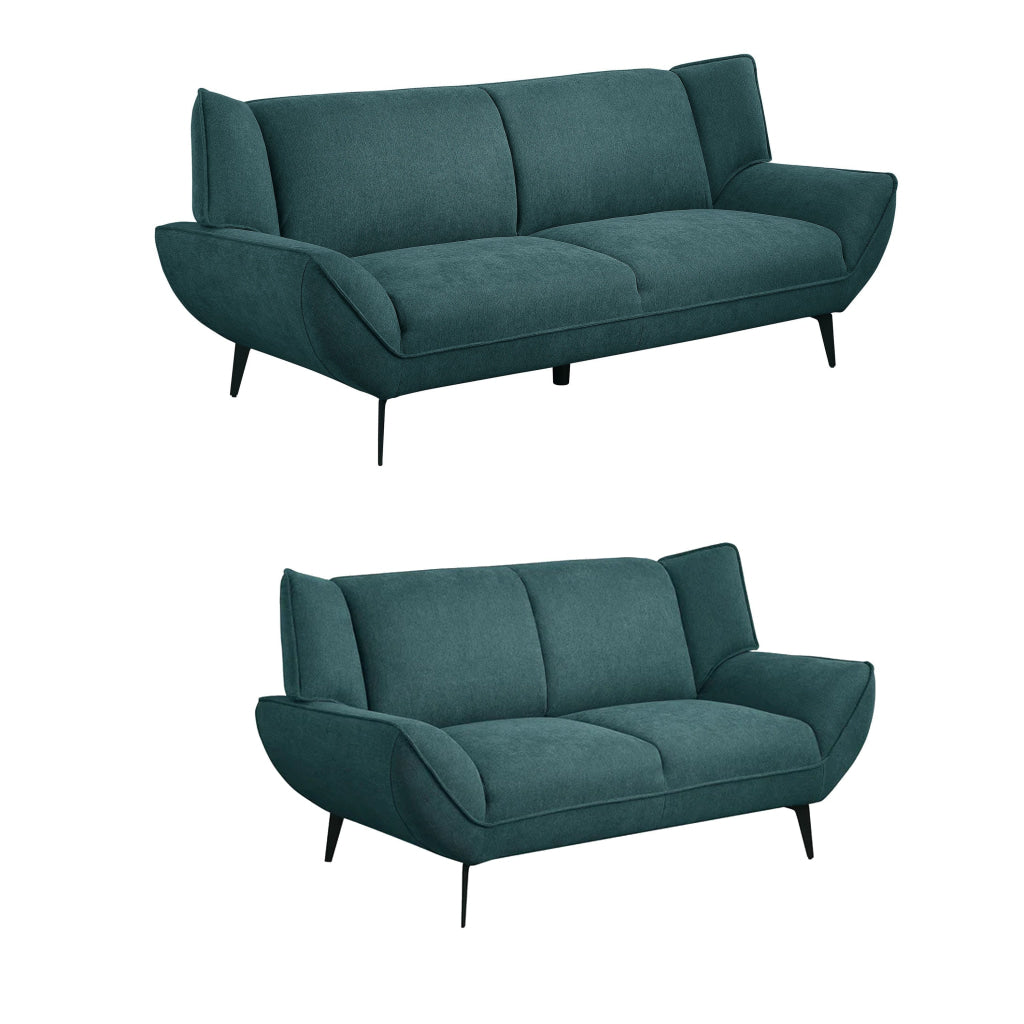 Toer 2 Piece Sofa Loveseat Set Flared Arms Teal Blue Fabric Black Legs By Casagear Home BM315328