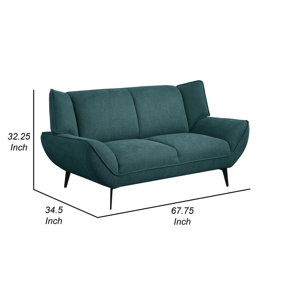 Toer 68 Inch Plush Loveseat Flared Arms Teal Blue Fabric Black Metal By Casagear Home BM315329