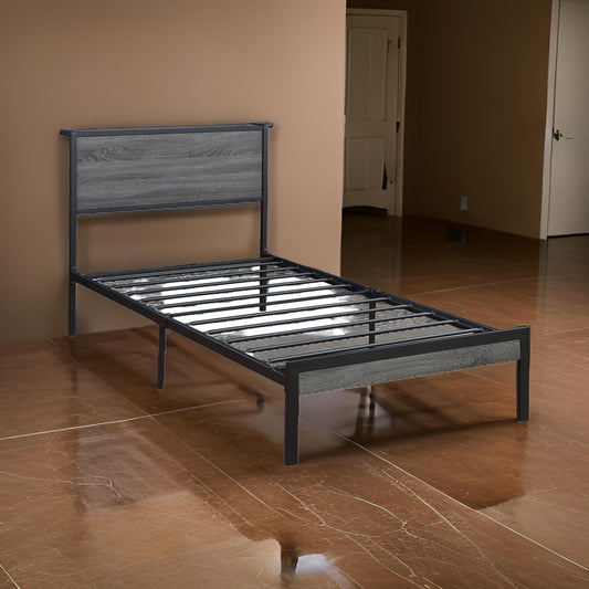 Rick Twin Size Platform Bed, 1 Shelf, Retro Style, Black Metal Frame, Gray By Casagear Home