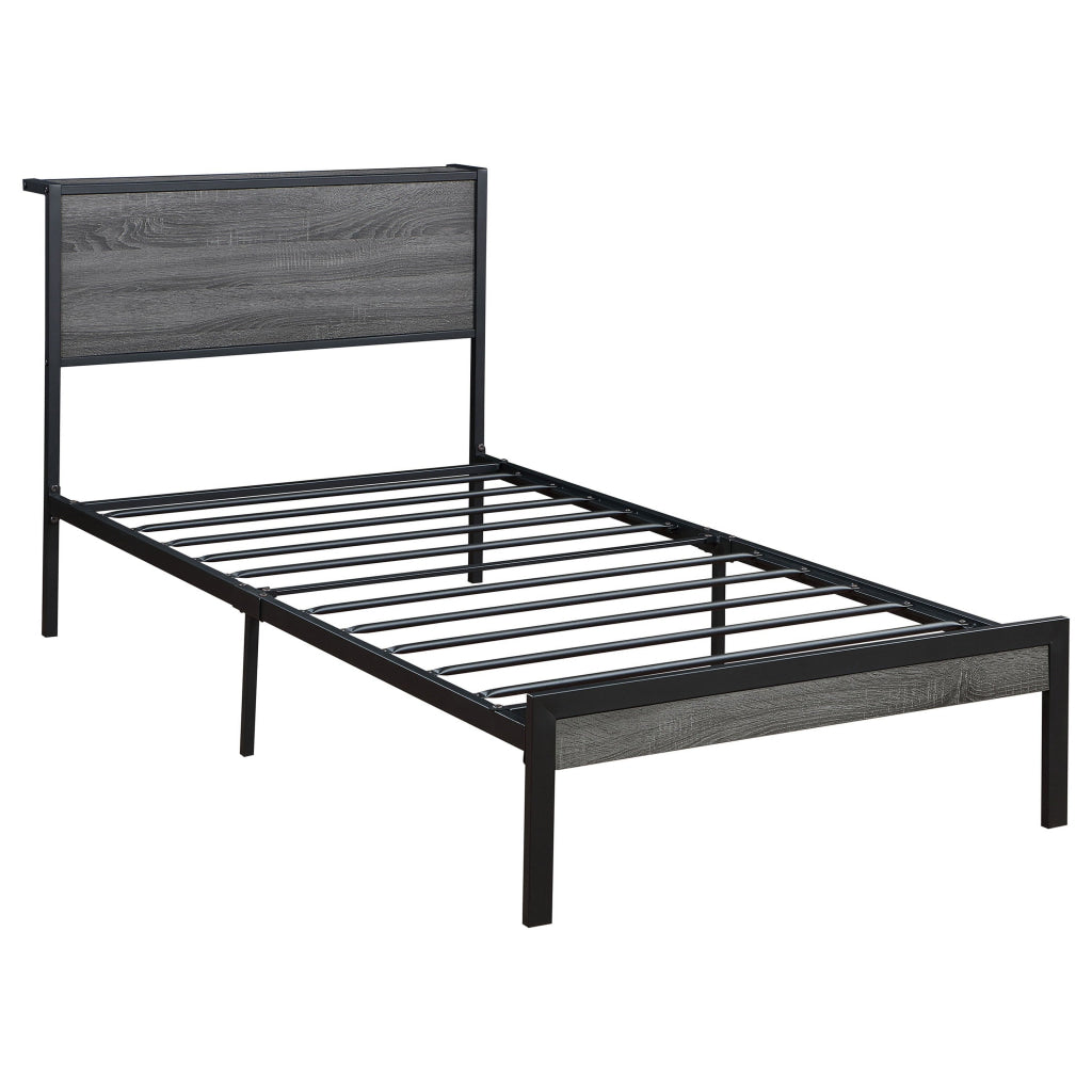 Rick Twin Size Platform Bed 1 Shelf Retro Style Black Metal Frame Gray By Casagear Home BM315332