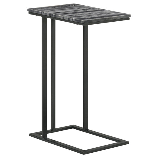 Enu 25 Inch Accent C Table, Marble Top, Black Metal Cantilever Base, Gray  By Casagear Home