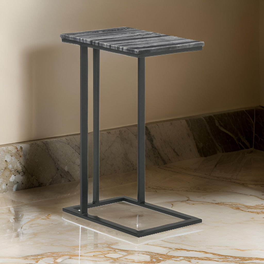 Enu 25 Inch Accent C Table Marble Top Black Metal Cantilever Base Gray By Casagear Home BM315339