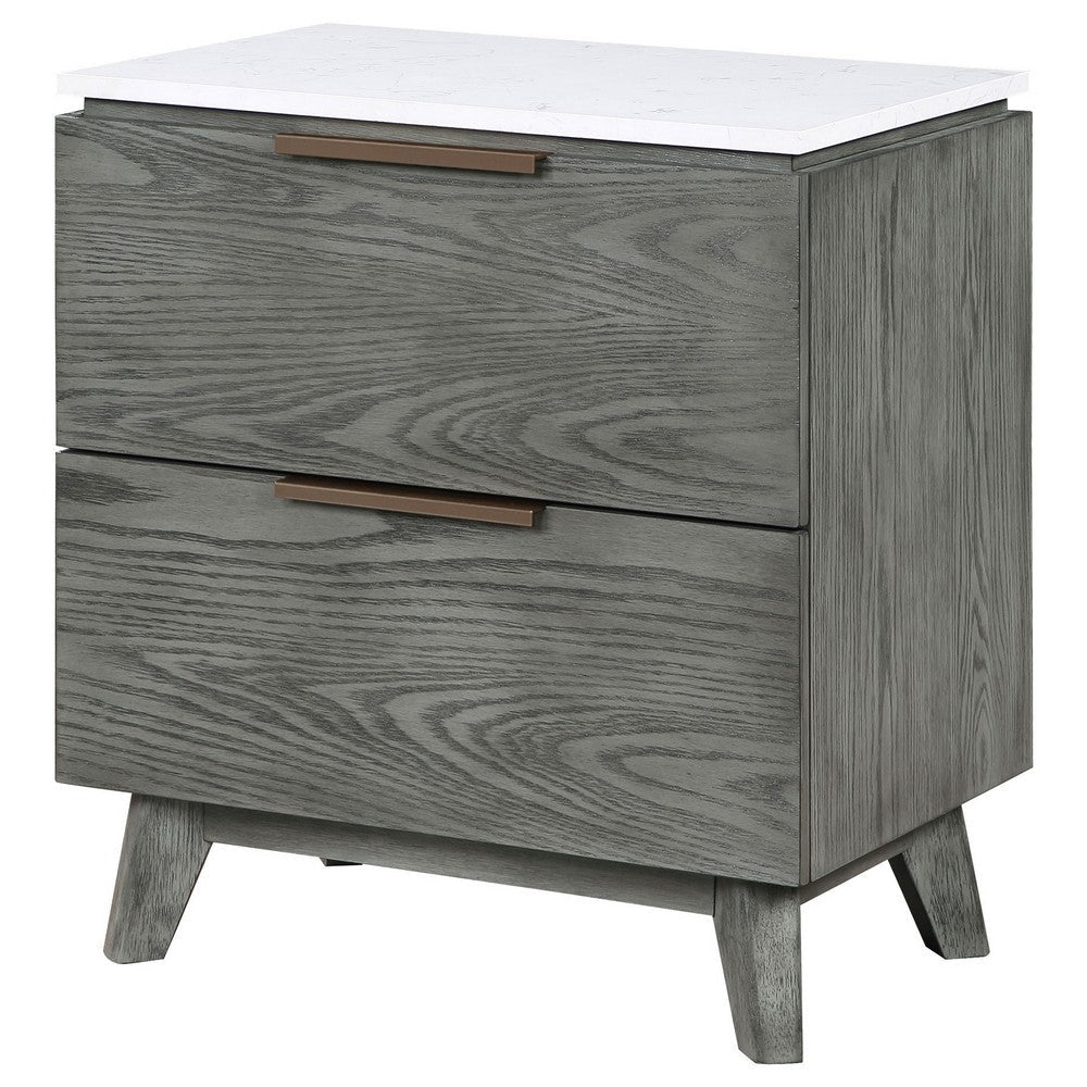 Tira 29 Inch Nightstand Dual USB Port 2 Drawers White Marble Top Gray By Casagear Home BM315341