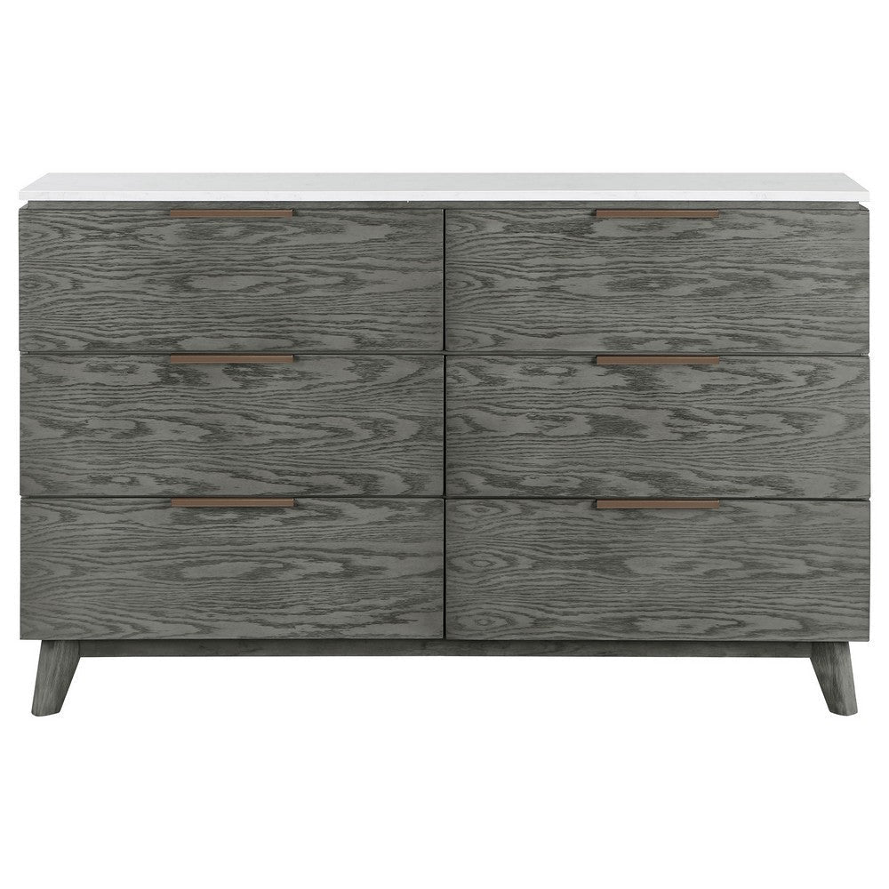 Tira 63 Inch Wide Dresser 6 Drawers with Handles White Marble Top Gray By Casagear Home BM315342