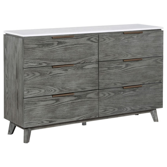 Tira 63 Inch Wide Dresser, 6 Drawers with Handles, White Marble Top, Gray By Casagear Home