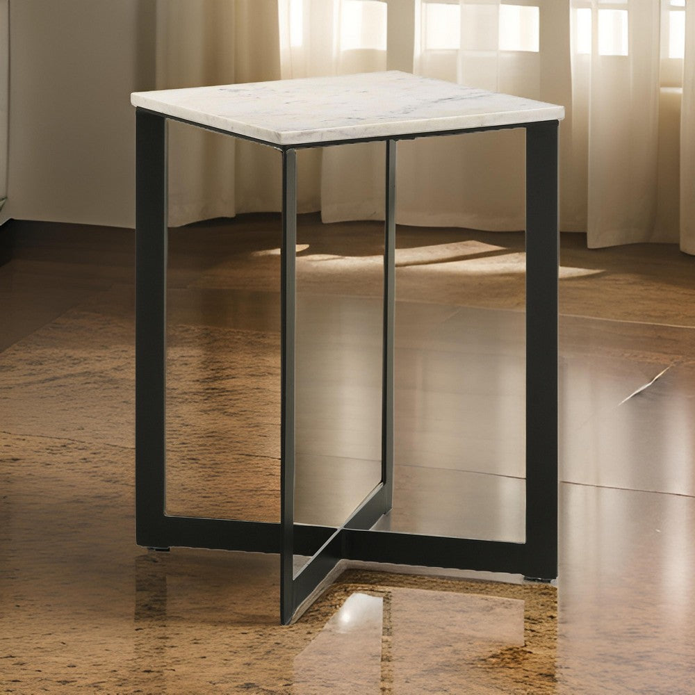 Sovi 24 Inch Side End Table, Square Marble Top, Black Metal Frame, White By Casagear Home