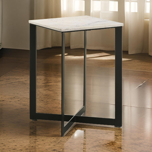 Sovi 24 Inch Side End Table, Square Marble Top, Black Metal Frame, White By Casagear Home