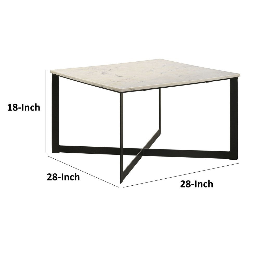 Sovi 28 Inch Side Coffee Table Marble Top Black Metal Frame White Finish By Casagear Home BM315345