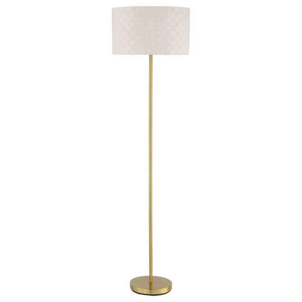 Nek 66 Inch Floor Lamp, Basketweave Drum Shade, Ivory Fabric, Gold Metal By Casagear Home