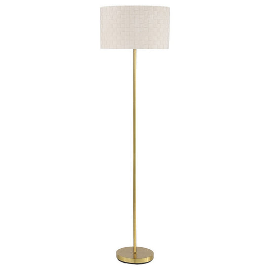 Nek 66 Inch Floor Lamp, Basketweave Drum Shade, Ivory Fabric, Gold Metal By Casagear Home