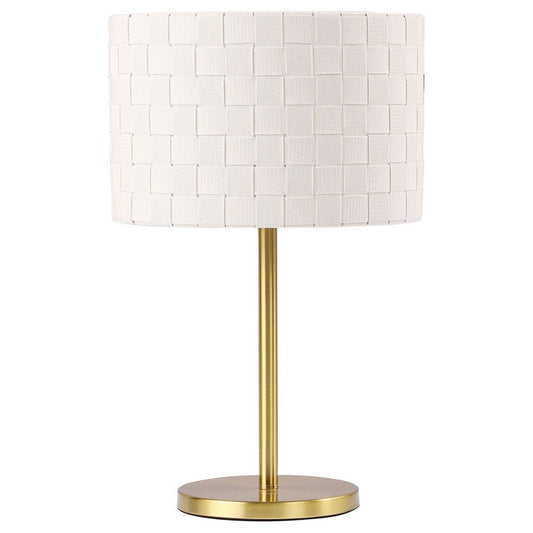 Nek 19 Inch Buffet Table Lamp, Basketweave Drum Shade, Ivory Fabric, Gold By Casagear Home