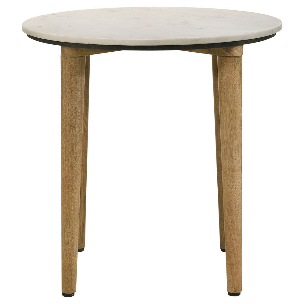 Wolu 22 Inch Side End Table White Marble Round Top Natural Brown Wood By Casagear Home BM315348