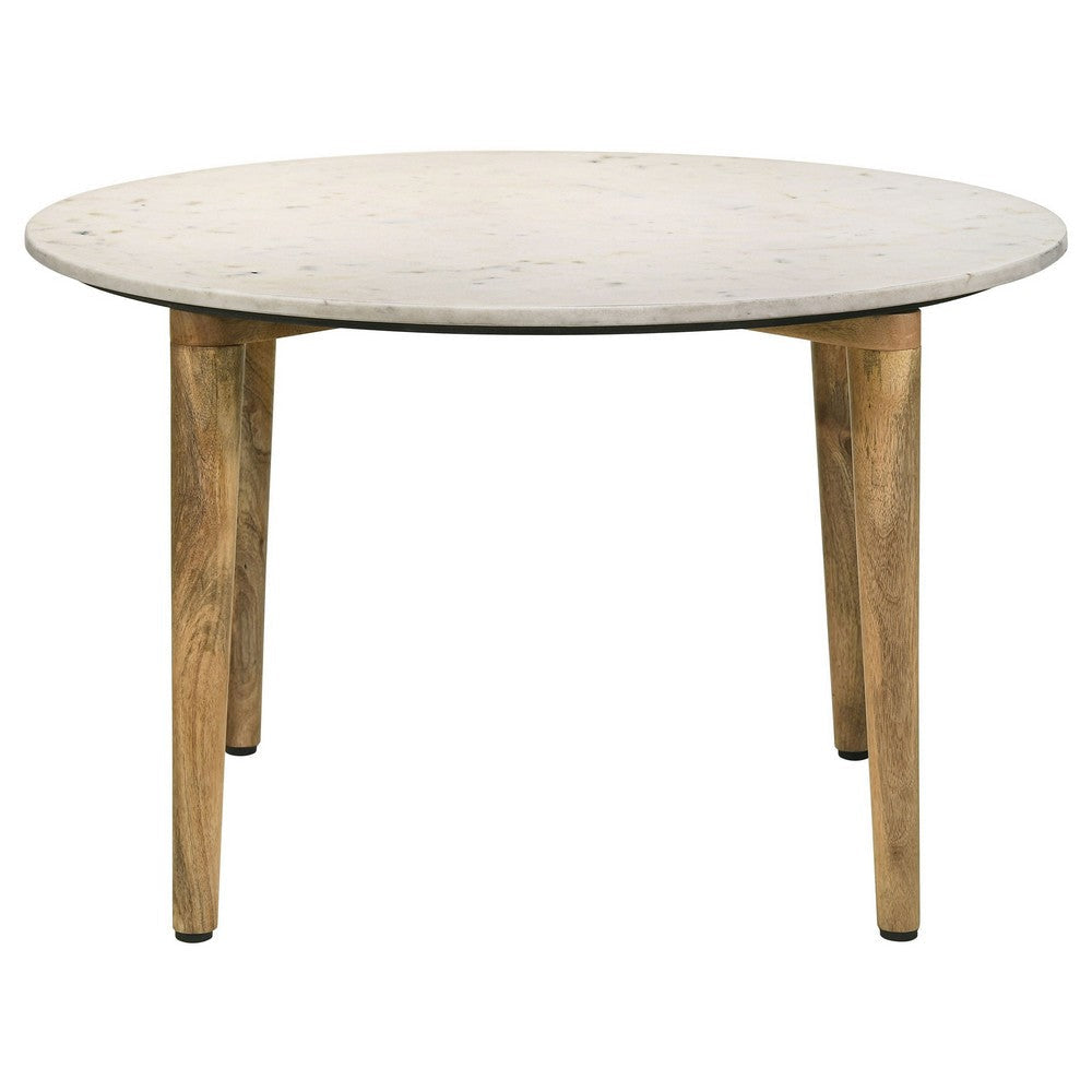 Wolu 30 Inch Coffee Table White Marble Round Top Natural Brown Mango Wood By Casagear Home BM315349