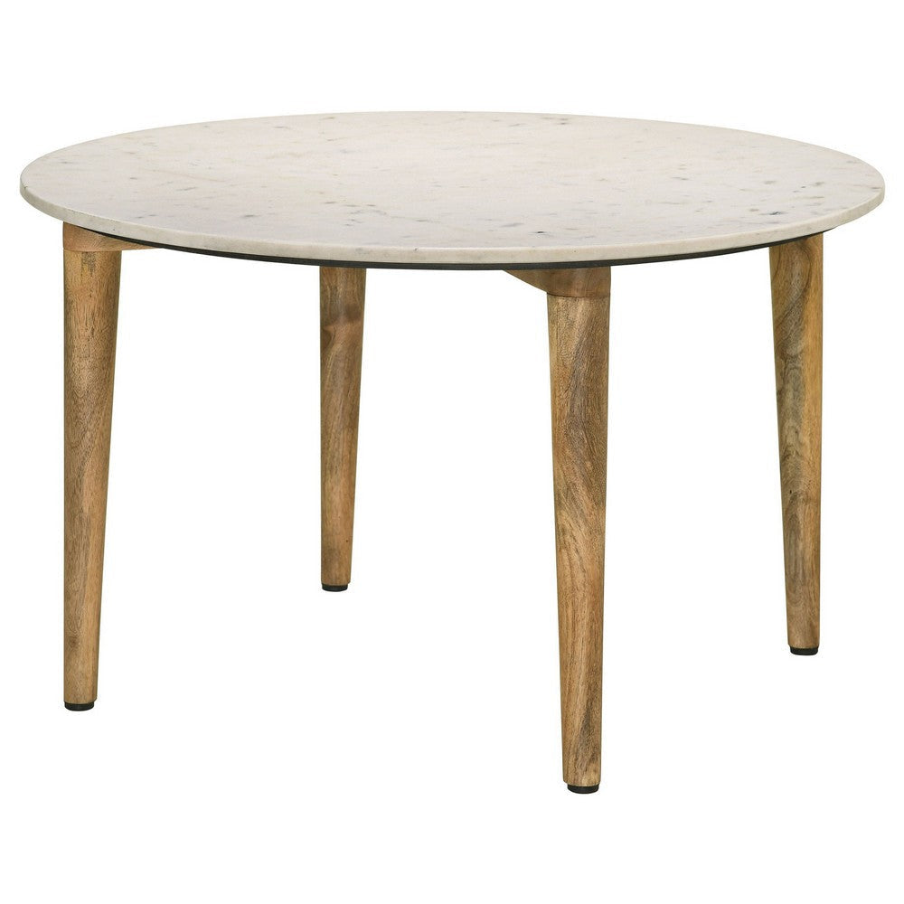 Wolu 30 Inch Coffee Table White Marble Round Top Natural Brown Mango Wood By Casagear Home BM315349