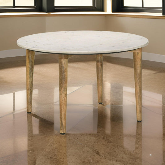 Wolu 30 Inch Coffee Table White Marble Round Top Natural Brown Mango Wood By Casagear Home BM315349