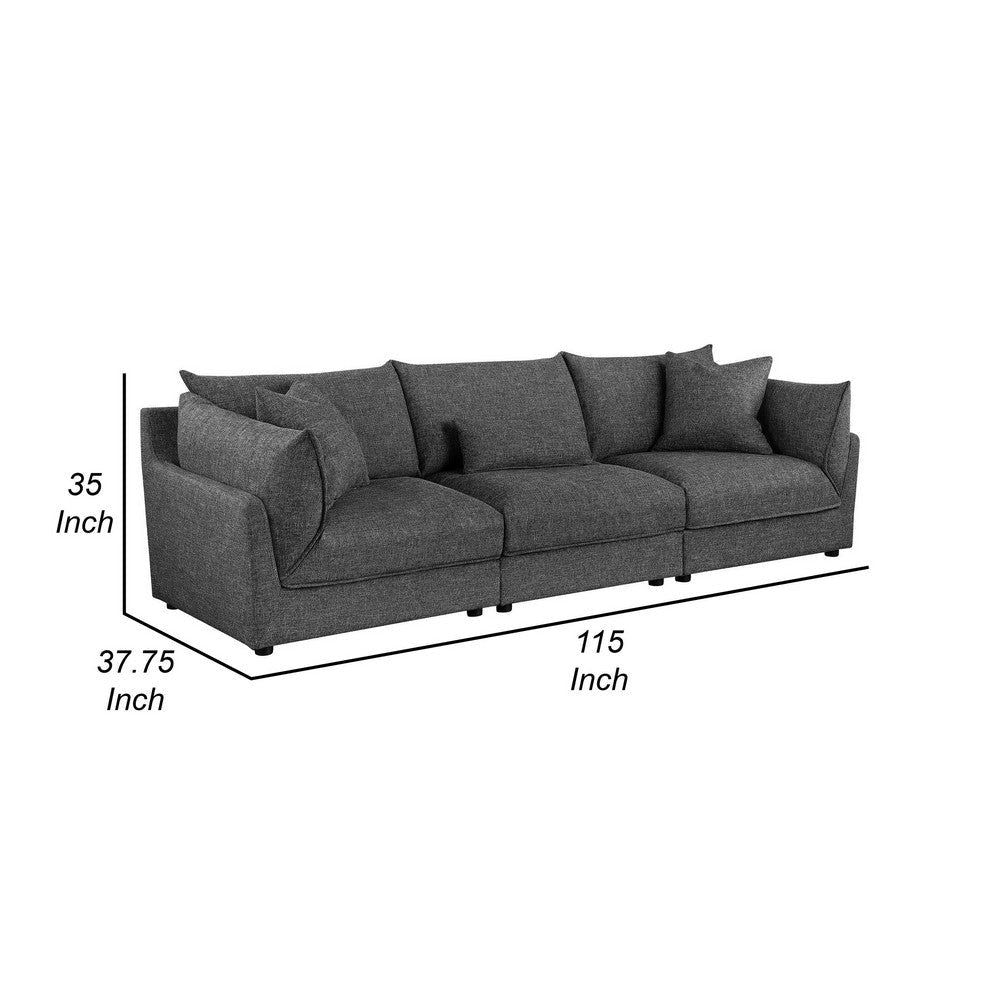 Ash 115 Inch Plush 3 Piece Sofa with Cushions Modular Chairs Gray Black By Casagear Home BM315351