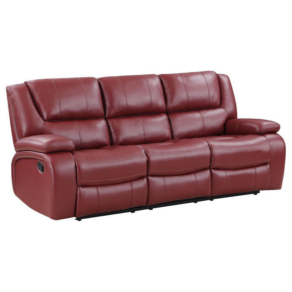 Mila 85 Inch Modern Manual Recliner Sofa, 3 Seater, Red Faux Leather By Casagear Home