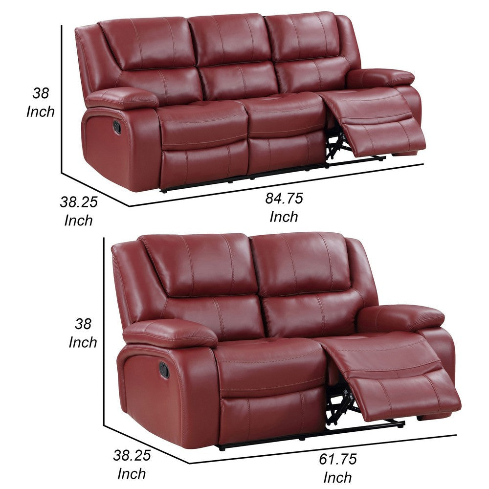 Mila 2pc Manual Recliner Sofa and Loveseat Set Red Faux Leather Wood By Casagear Home BM315354