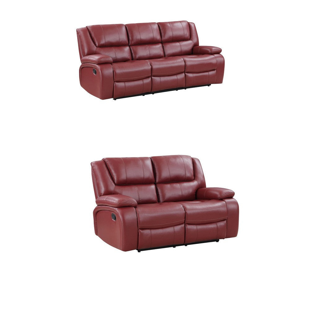 Mila 2pc Manual Recliner Sofa and Loveseat Set, Red Faux Leather, Wood By Casagear Home