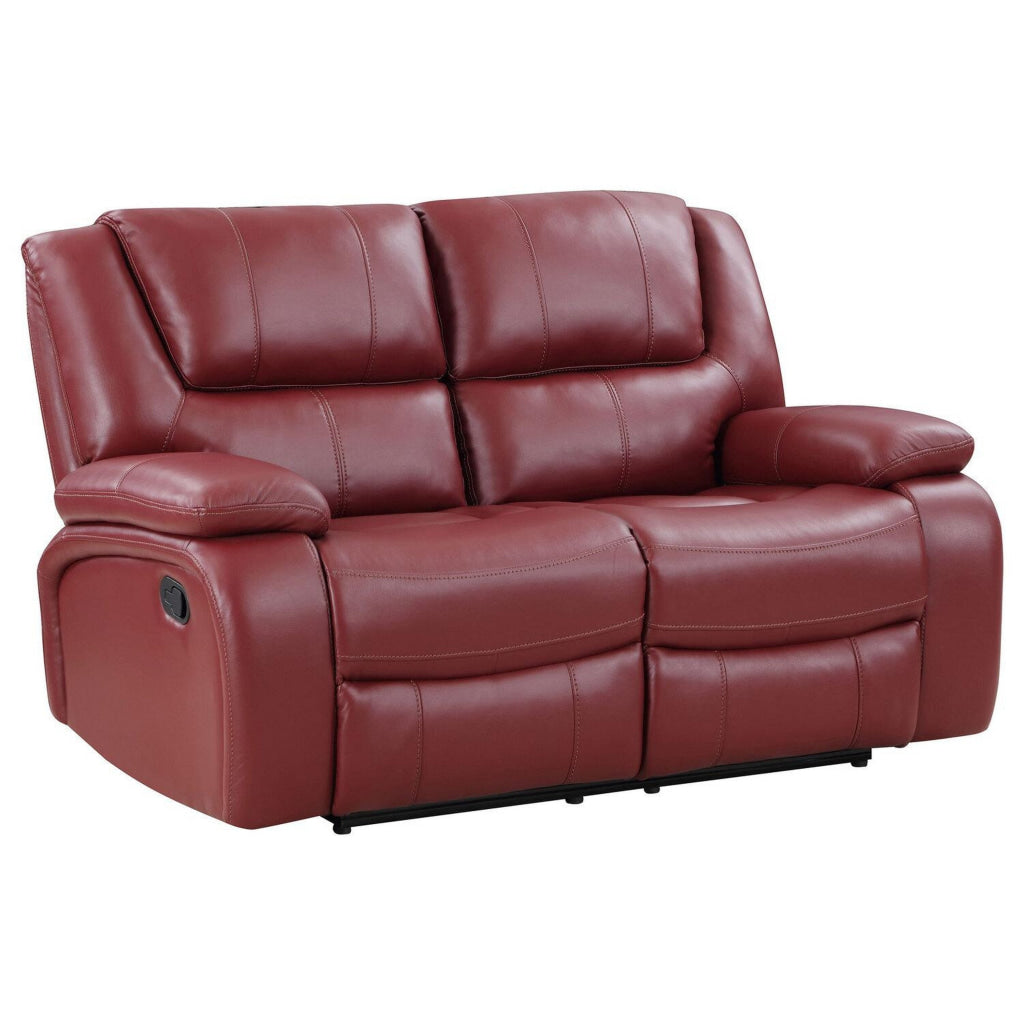 Mila 62 Inch Modern Manual Recliner Loveseat 3 Seater Red Faux Leather By Casagear Home BM315355