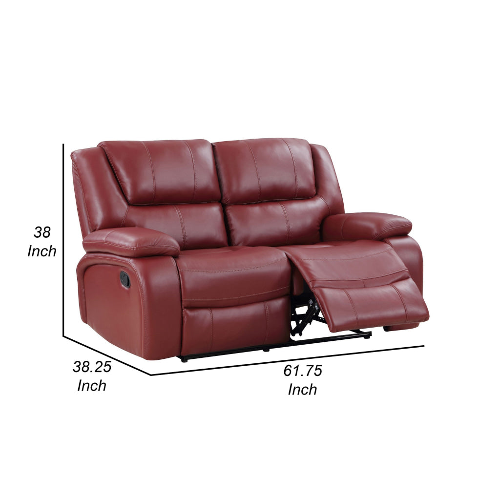 Mila 62 Inch Modern Manual Recliner Loveseat 3 Seater Red Faux Leather By Casagear Home BM315355