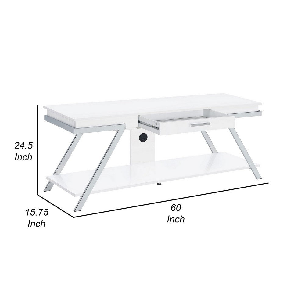 Casey 60 Inch TV Entertainment Console 1 Drawer Angled Metal Legs White By Casagear Home BM315357