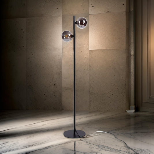 51 Inch Modern Floor Lamp, 2 Side Lights with Round Glass, Black Metal  By Casagear Home