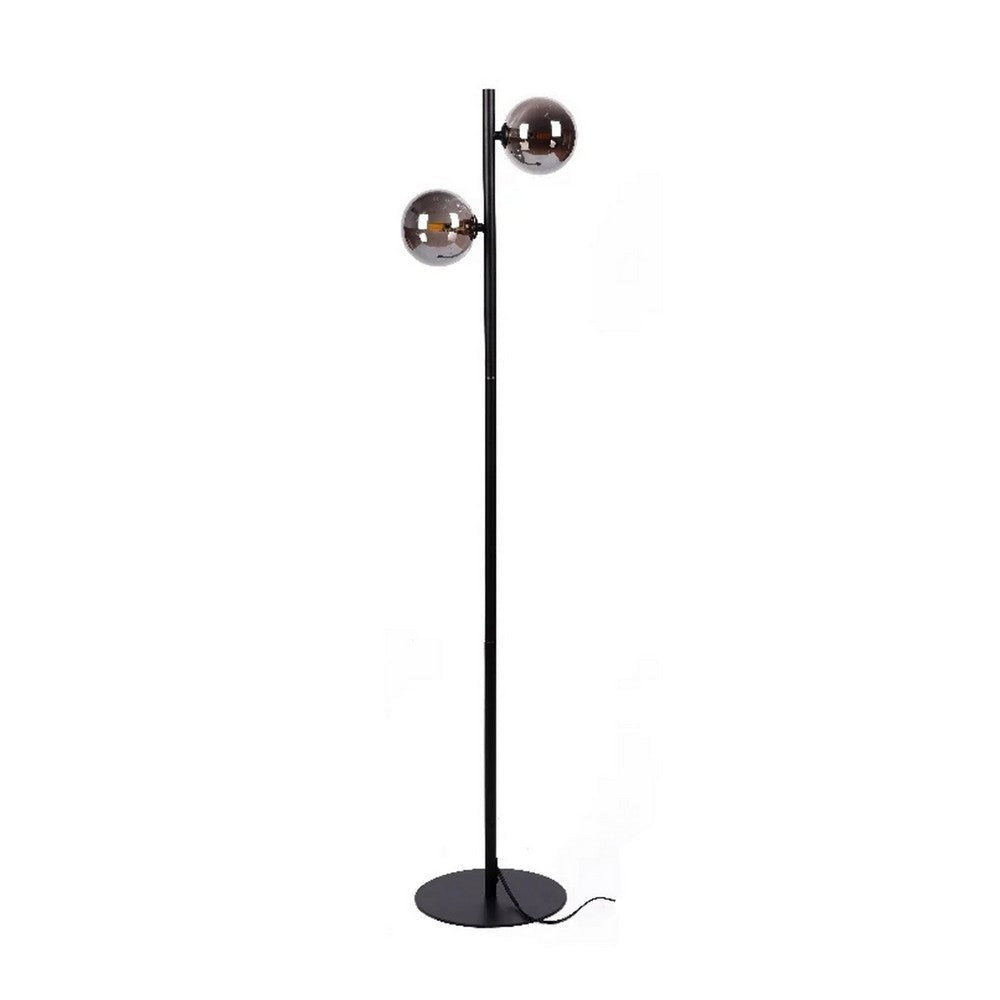 51 Inch Modern Floor Lamp, 2 Side Lights with Round Glass, Black Metal  By Casagear Home