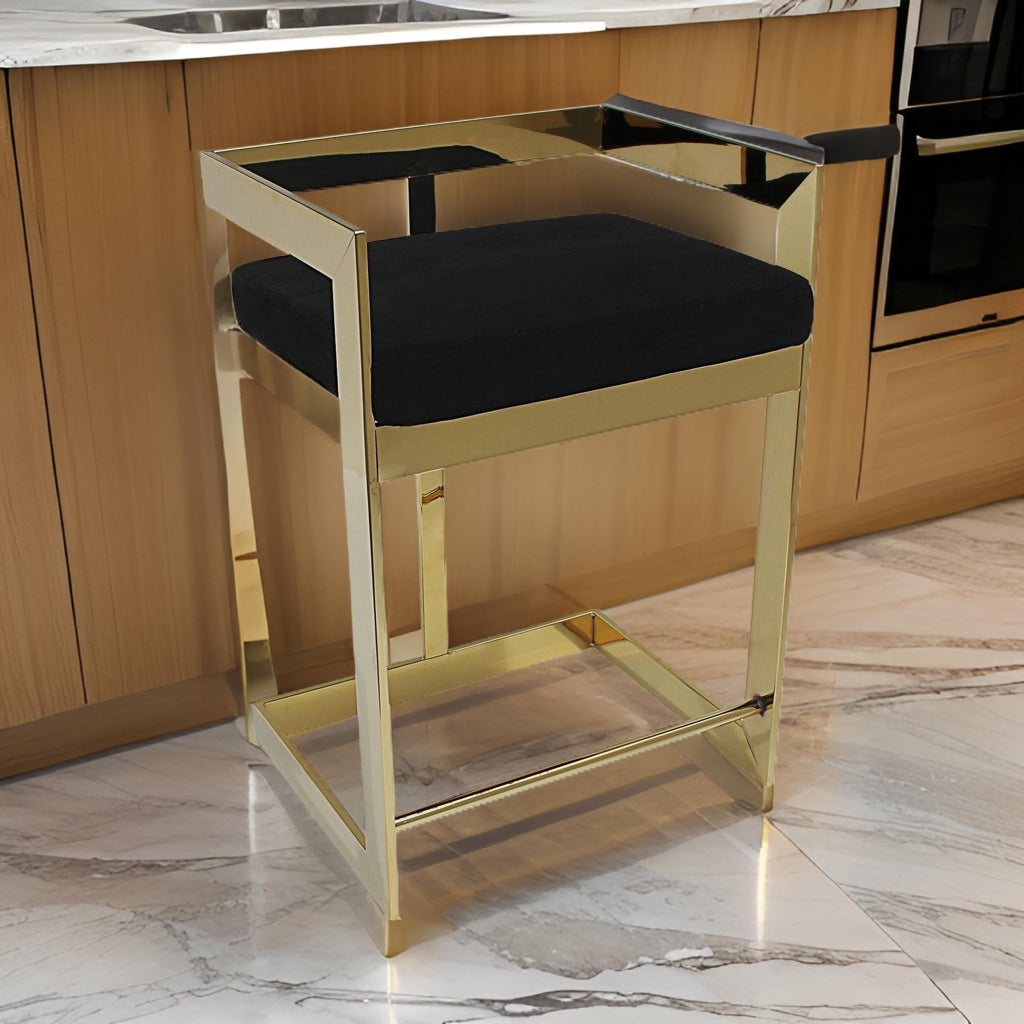 Gei 30 Inch Barstool Chair, Cantilever Base, Black Velvet Padded Seat, Gold By Casagear Home