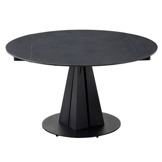 Jeny 34-51 Inch Dining Table, Extendable Round Stone Top, Black Steel By Casagear Home