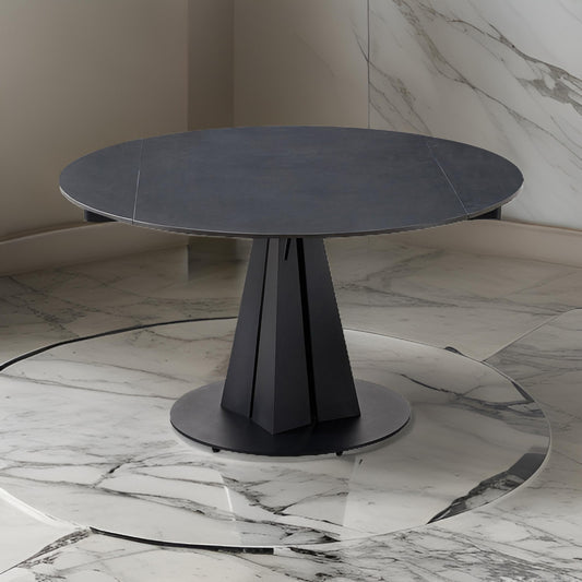 Jeny 34-51 Inch Dining Table, Extendable Round Stone Top, Black Steel By Casagear Home