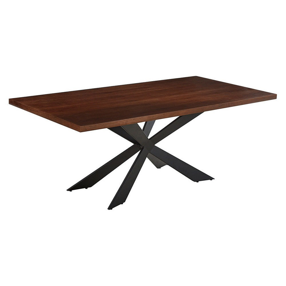 Ren 81 Inch Dining Table, Rectangular Top, Cross Base, Walnut Brown, Black By Casagear Home