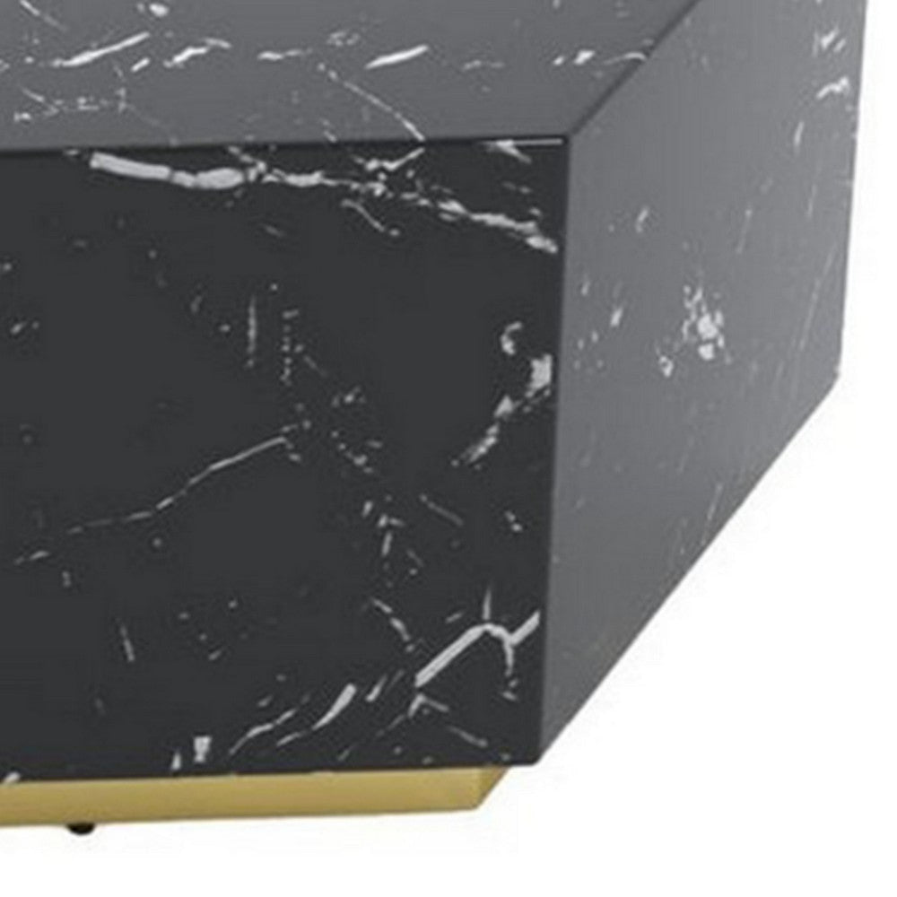 Hexi 35 Inch Coffee Table Hexagonal Black Faux Marble Design Gold Base By Casagear Home BM315407