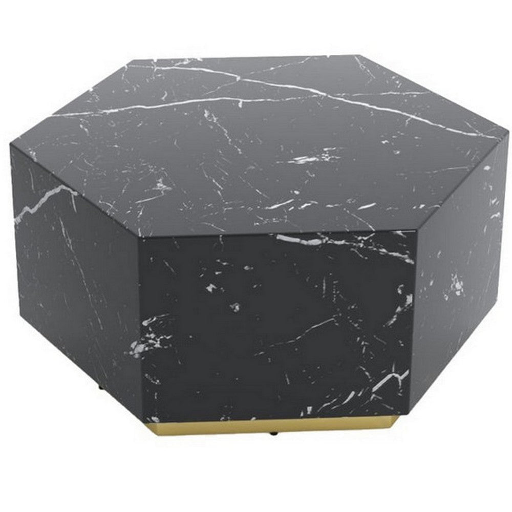 Hexi 35 Inch Coffee Table Hexagonal Black Faux Marble Design Gold Base By Casagear Home BM315407