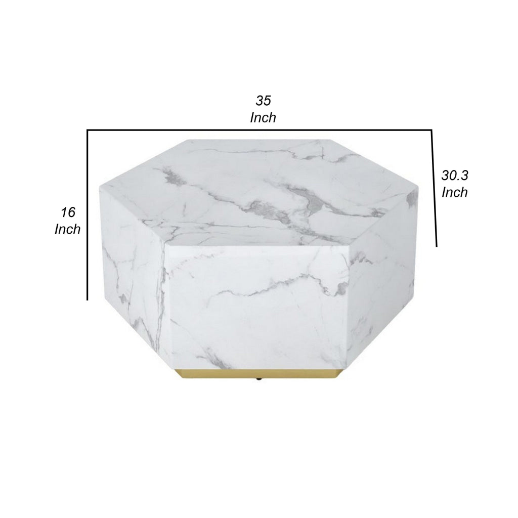 Hexi 35 Inch Coffee Table Hexagonal White Marble Design Gold Base By Casagear Home BM315408