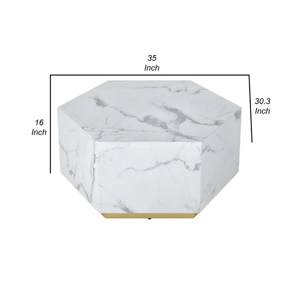 Hexi 35 Inch Coffee Table Hexagonal White Marble Design Gold Base By Casagear Home BM315408