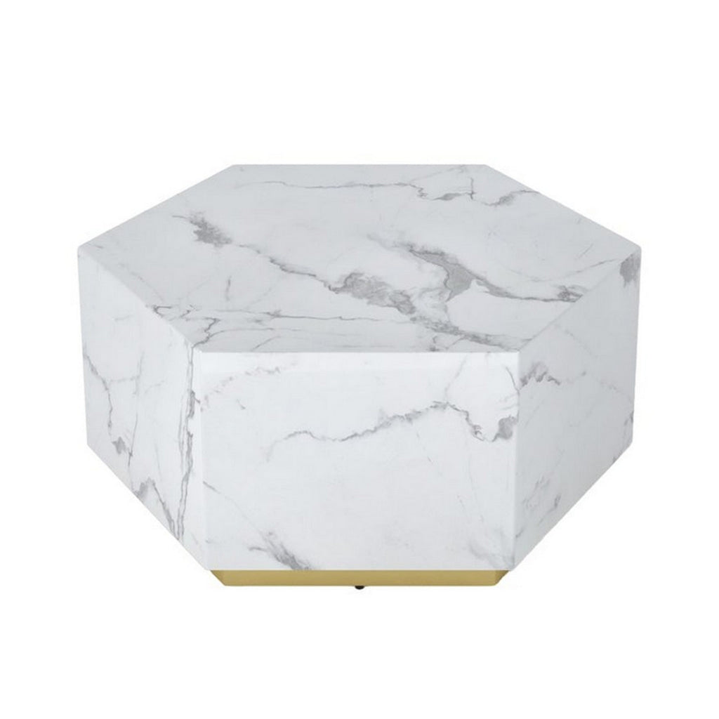 Hexi 35 Inch Coffee Table Hexagonal White Marble Design Gold Base By Casagear Home BM315408