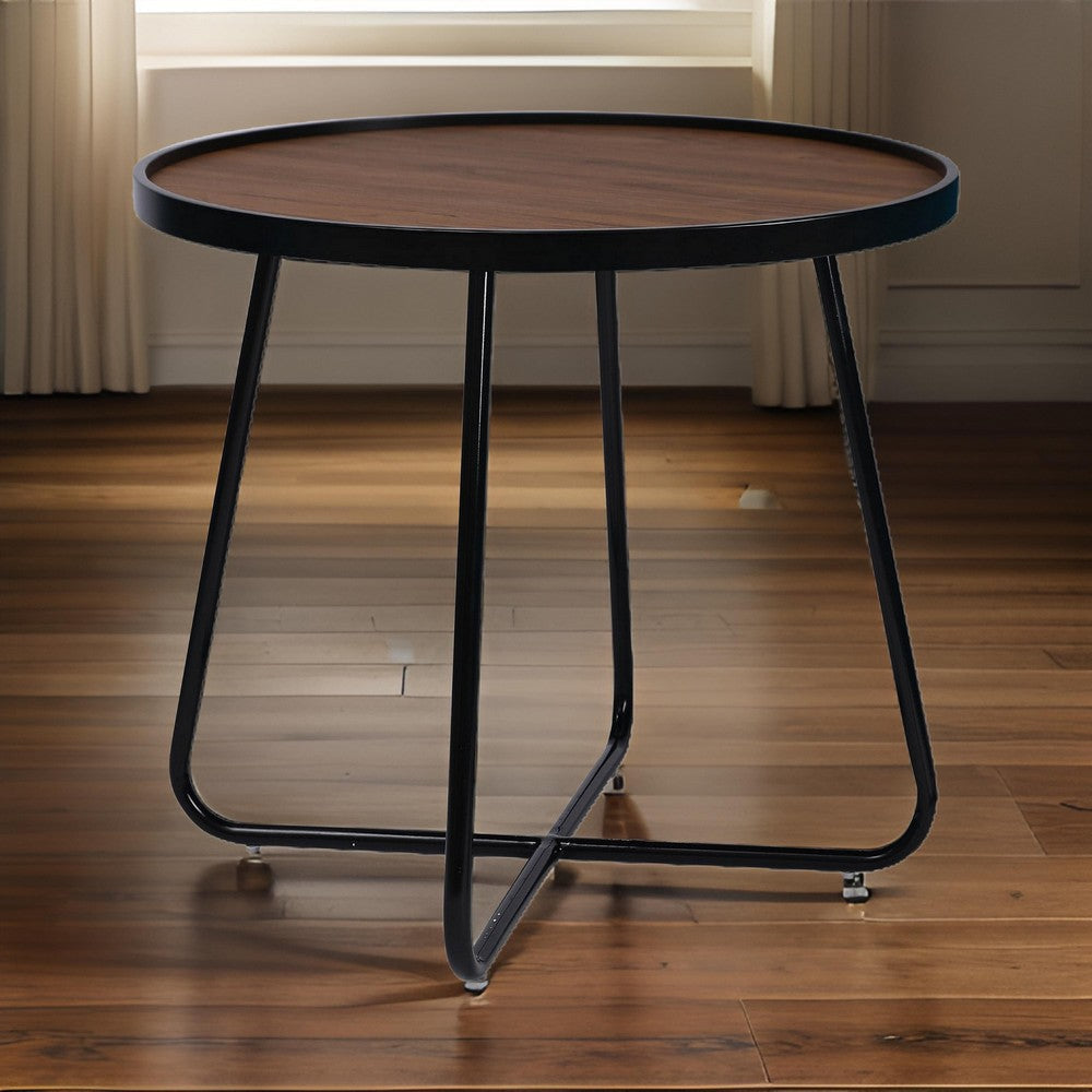 Lei 24 Inch Side End Table, Round Top, Black Metal Cross Base, Walnut Brown By Casagear Home