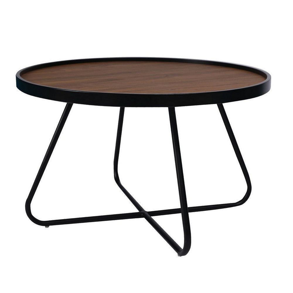 Lei 28 Inch Coffee Table Round Top Crossed Base Black Metal Walnut Brown By Casagear Home BM315414