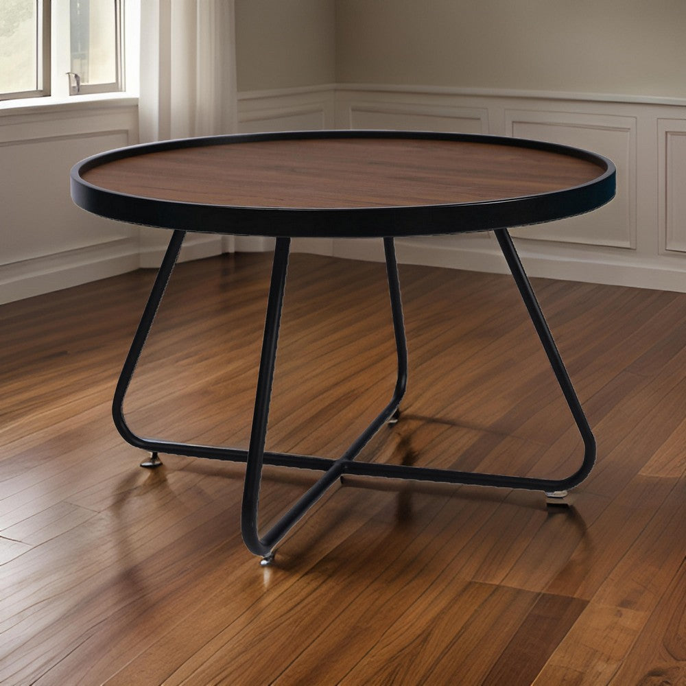 Lei 28 Inch Coffee Table Round Top Crossed Base Black Metal Walnut Brown By Casagear Home BM315414