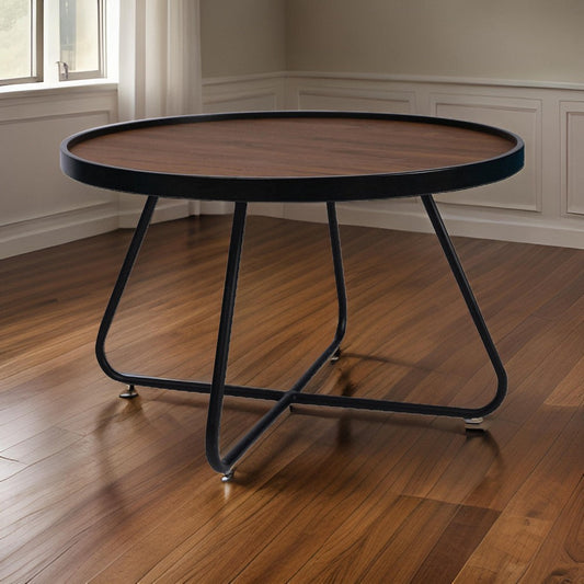 Lei 28 Inch Coffee Table Round Top Crossed Base Black Metal Walnut Brown By Casagear Home BM315414