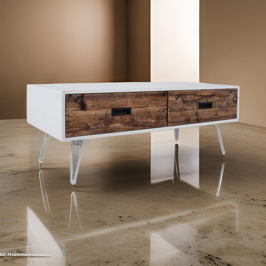 Fem 48 Inch Modern Coffee Table, 2 Drawers, Angled Base, White Brown Wood By Casagear Home